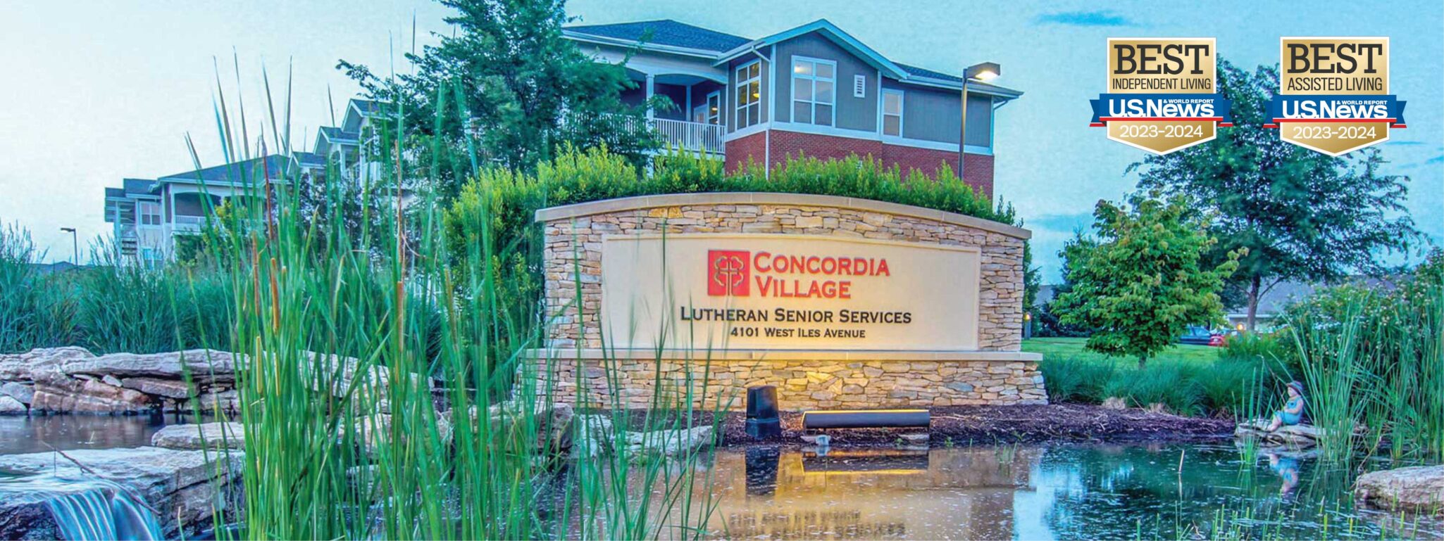 Community sign for Concordia Village in Springfield, IL with award logos for Best Independent and Assisted Living by US News.