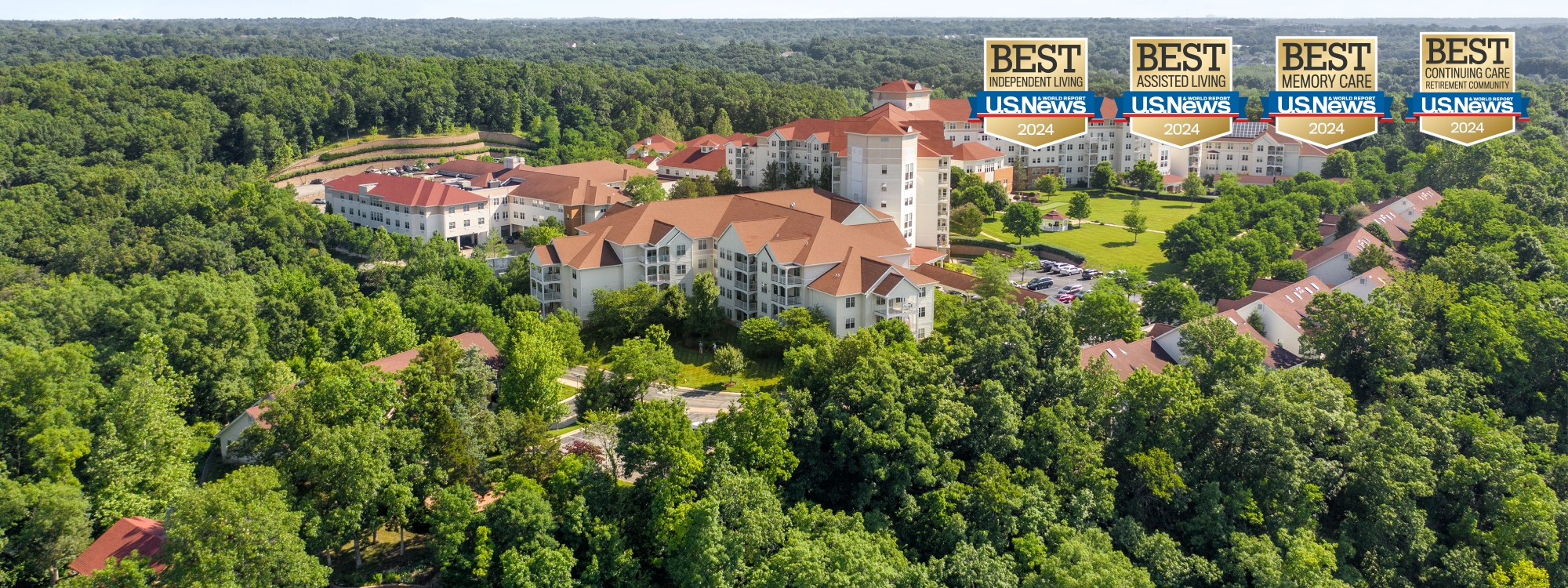 View overlooking the Meramec Bluffs community in Ballwin, MO, awarded Best Independent & Assisted Living & Memory Care and Continuing Care Retirement Community by US News.