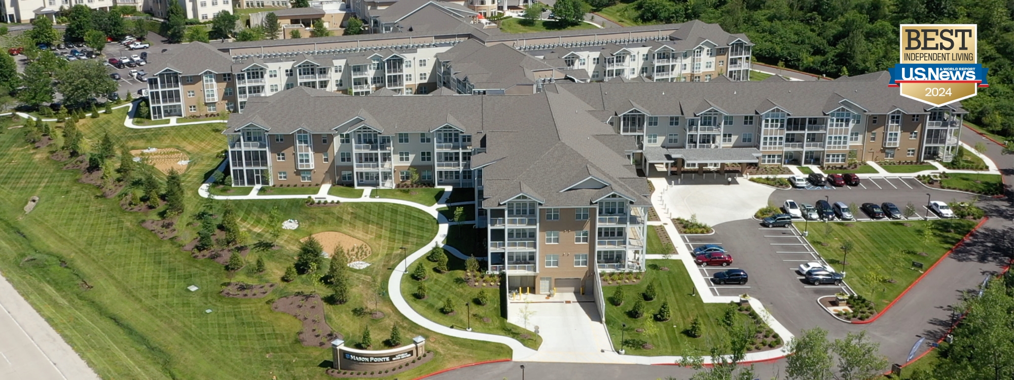 View of the picturesque Mason Pointe assisted living community from above in Chesterfield, MO, awarded Best Independent Living by US News.